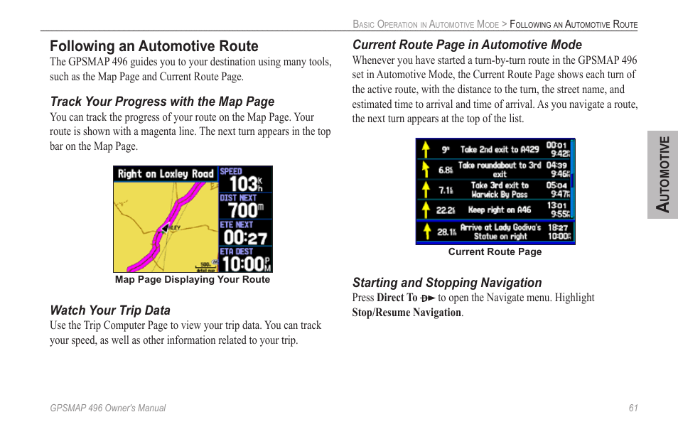 Following an automotive route | Garmin GPSMAP 496 User Manual | Page 69 / 164