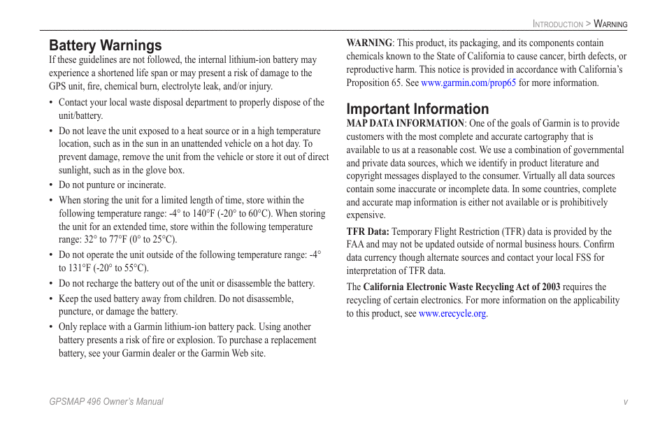 Battery warnings, Important information | Garmin GPSMAP 496 User Manual | Page 7 / 164