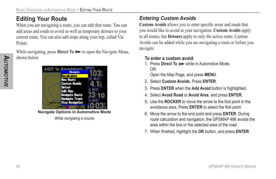 Editing your route | Garmin GPSMAP 496 User Manual | Page 70 / 164