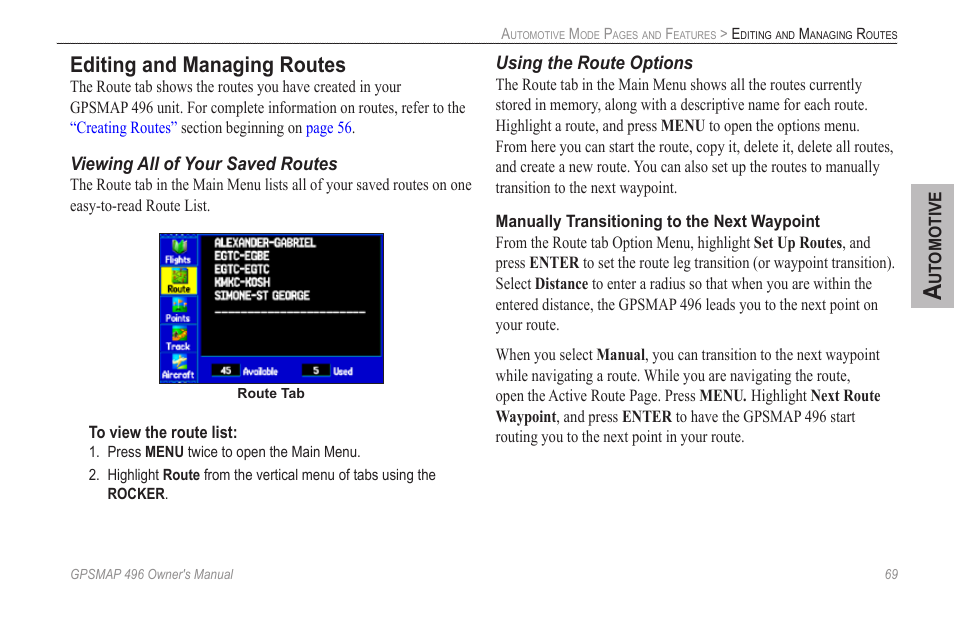 Editing and managing routes, Beginning on | Garmin GPSMAP 496 User Manual | Page 77 / 164