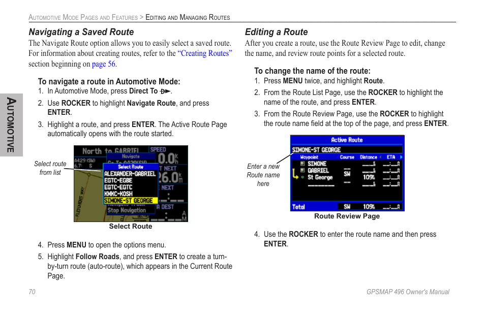 Navigating a saved route, Editing a route | Garmin GPSMAP 496 User Manual | Page 78 / 164