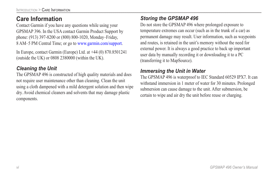 Care information | Garmin GPSMAP 496 User Manual | Page 8 / 164