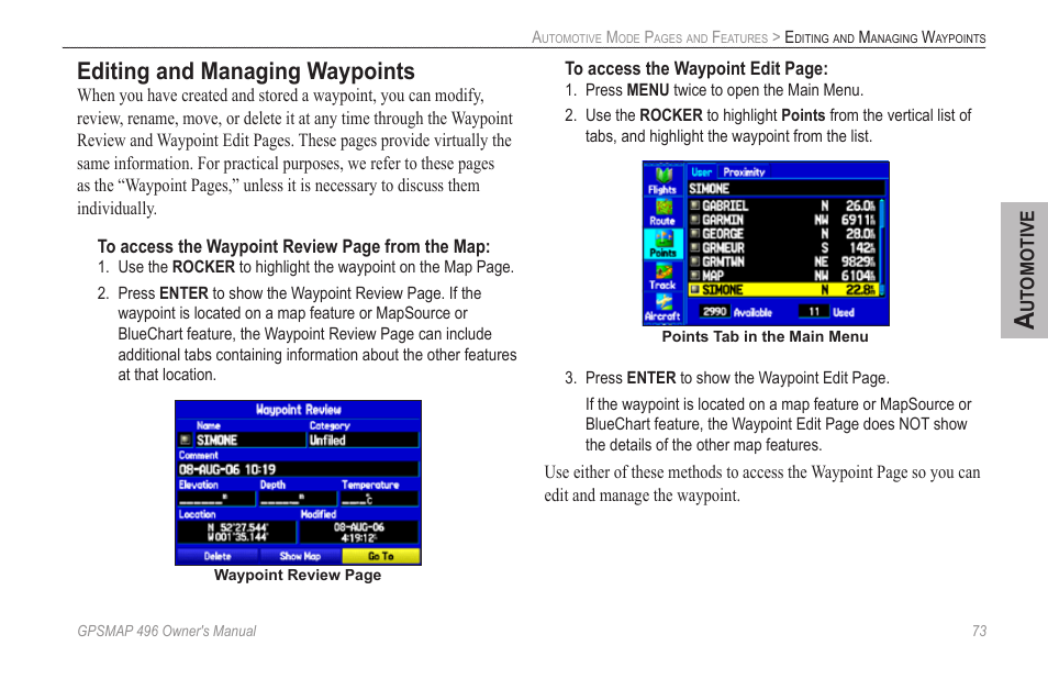 Editing and managing waypoints, Editing and, Managing waypoints | Garmin GPSMAP 496 User Manual | Page 81 / 164