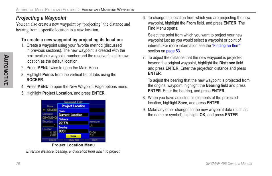 Projecting a waypoint | Garmin GPSMAP 496 User Manual | Page 84 / 164