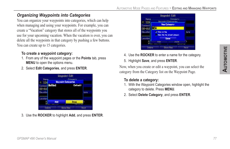 Organizing waypoints into categories | Garmin GPSMAP 496 User Manual | Page 85 / 164