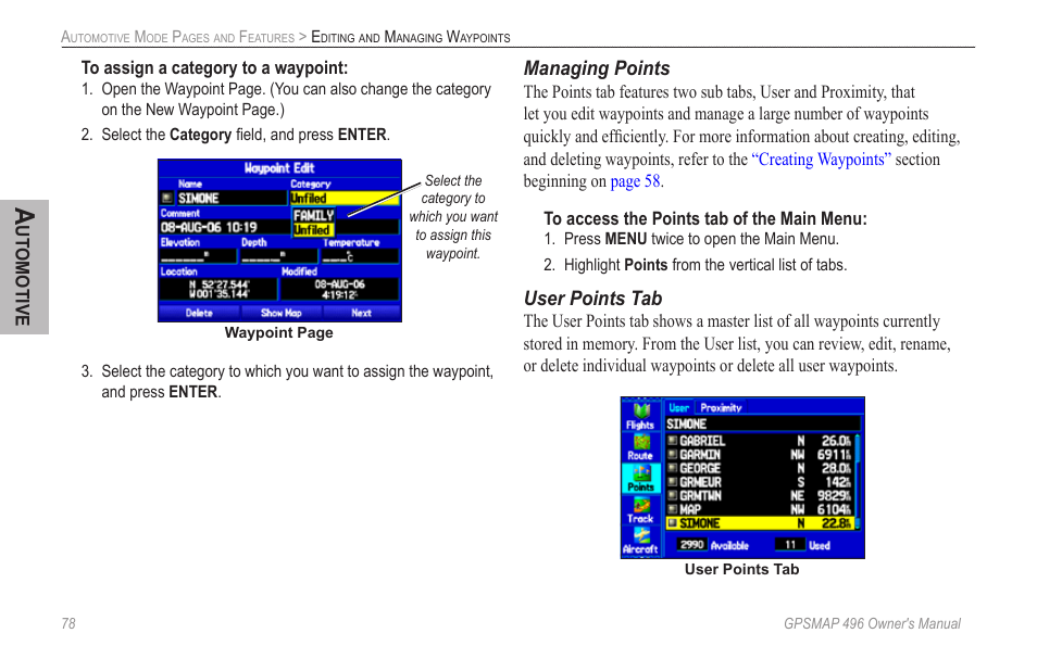 Managing points, User points tab | Garmin GPSMAP 496 User Manual | Page 86 / 164