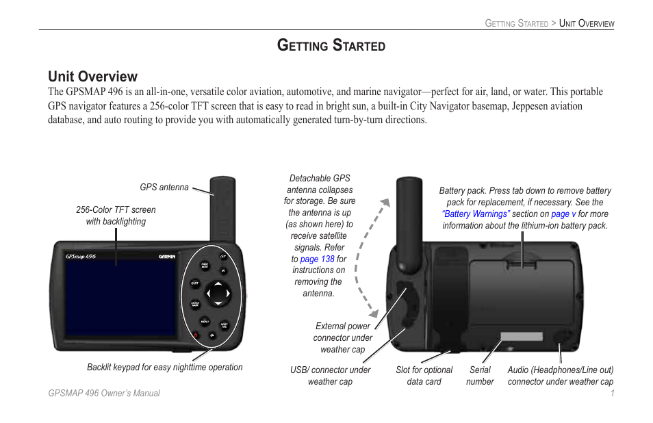 Getting started, Unit overview | Garmin GPSMAP 496 User Manual | Page 9 / 164