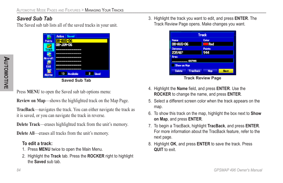 Saved sub tab | Garmin GPSMAP 496 User Manual | Page 92 / 164