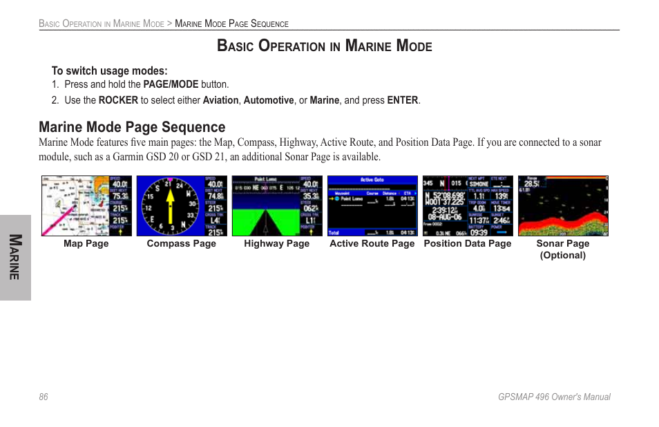 Basic operation in marine mode, Marine mode page sequence | Garmin GPSMAP 496 User Manual | Page 94 / 164