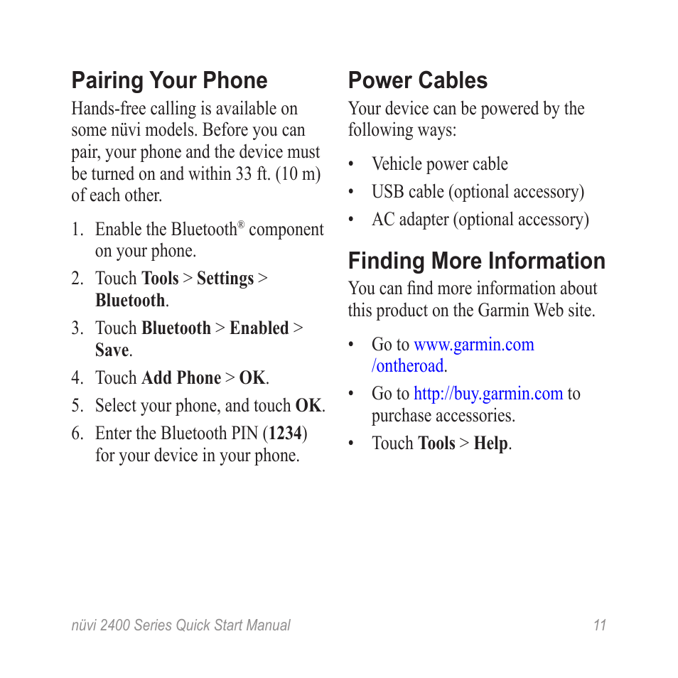 Pairing your phone, Power cables, Finding more information | Garmin nuvi 2460LMT User Manual | Page 11 / 12