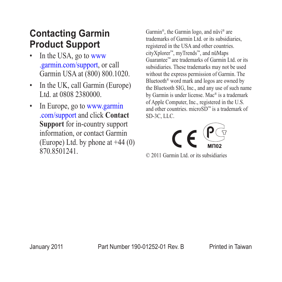 Contacting garmin product support | Garmin nuvi 2460LMT User Manual | Page 12 / 12