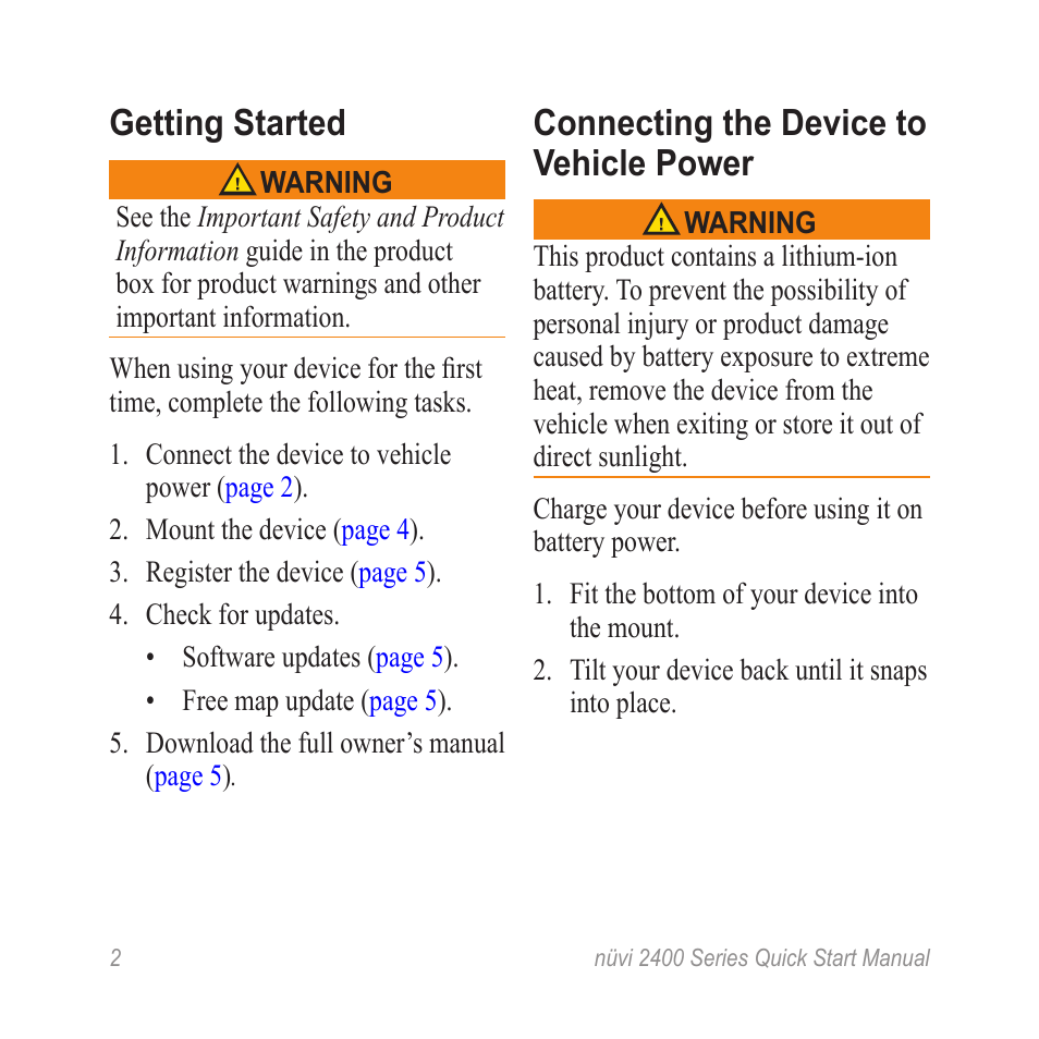 Getting started, Connecting the device to vehicle power | Garmin nuvi 2460LMT User Manual | Page 2 / 12