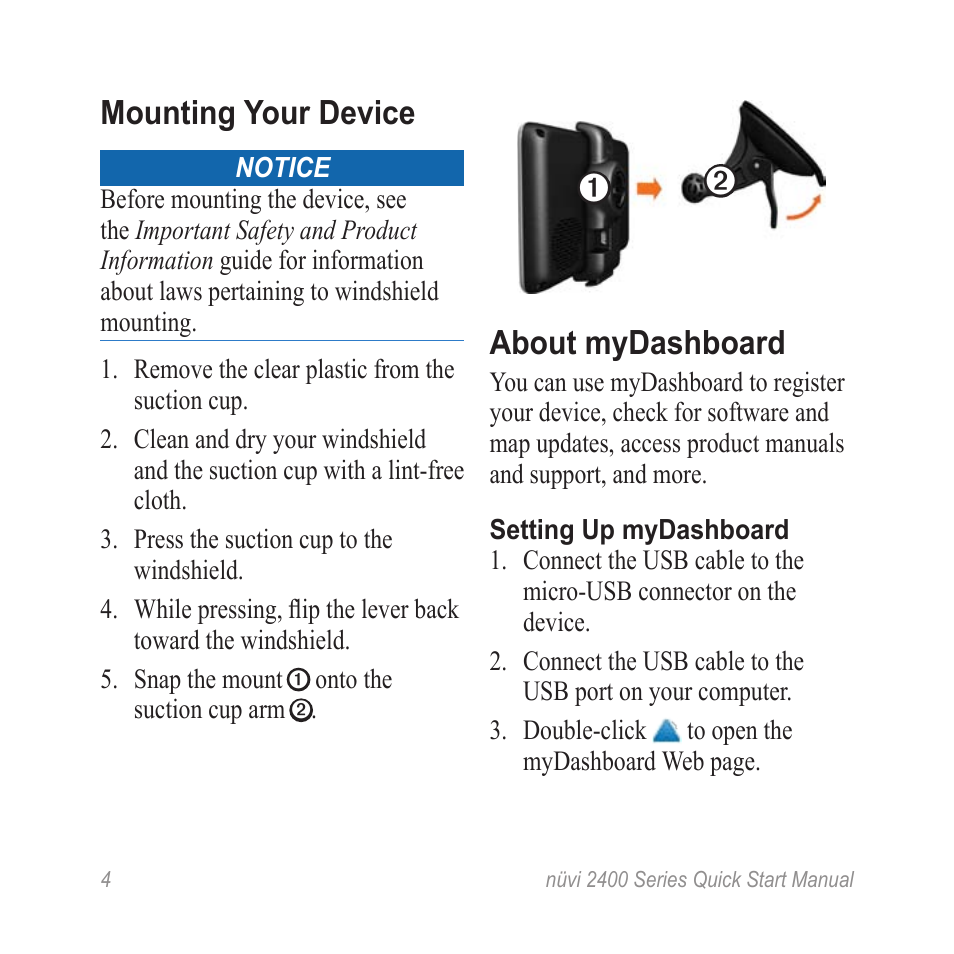 Mounting your device, About mydashboard | Garmin nuvi 2460LMT User Manual | Page 4 / 12