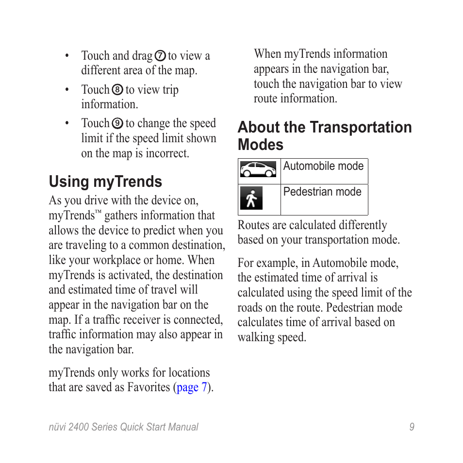 Using mytrends, About the transportation modes | Garmin nuvi 2460LMT User Manual | Page 9 / 12