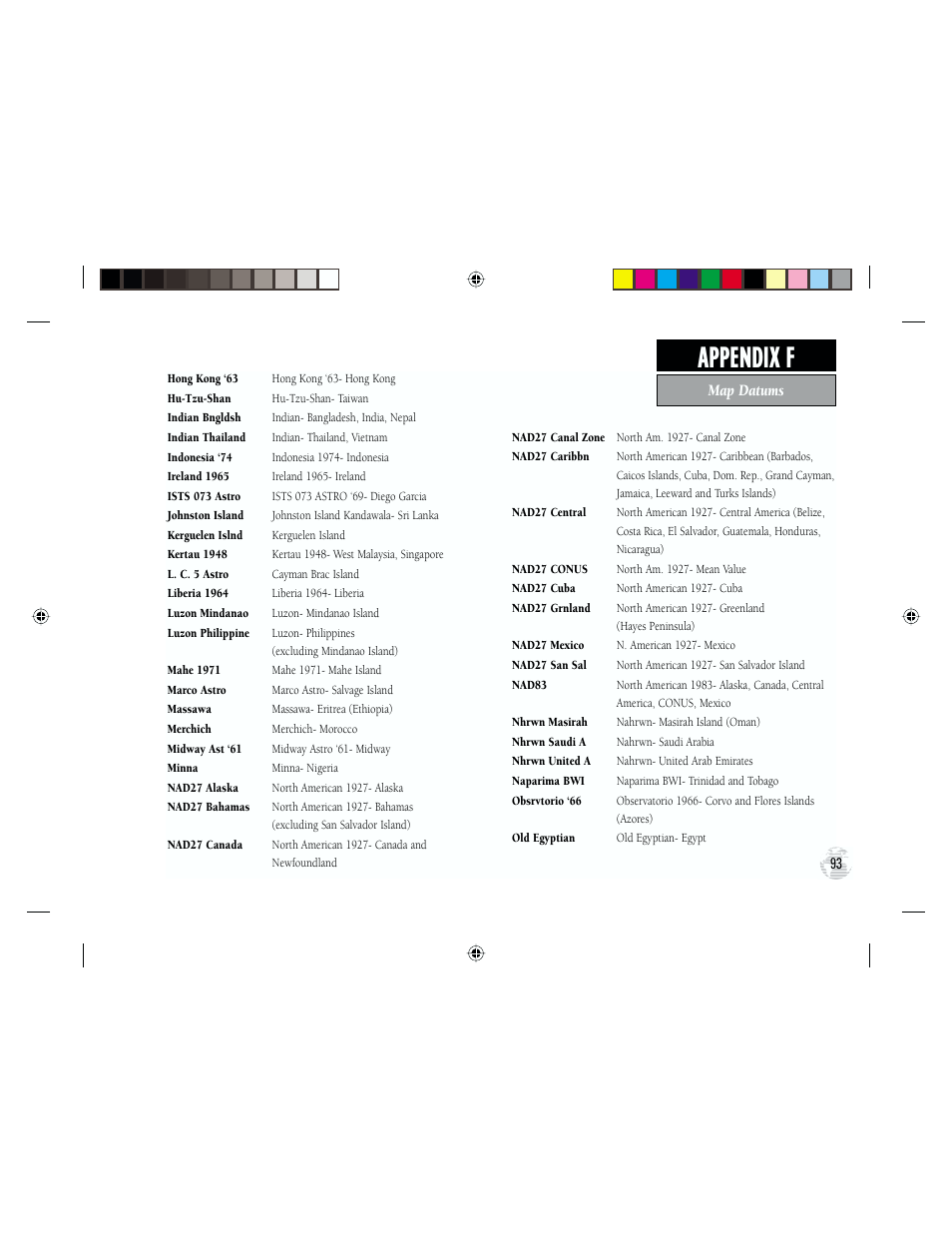 Appendix f, Map datums | Garmin GPS III Plus User Manual | Page 103 / 114