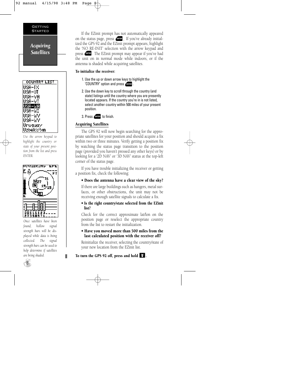 Acquiring satellites | Garmin GPS 92 User Manual | Page 14 / 84