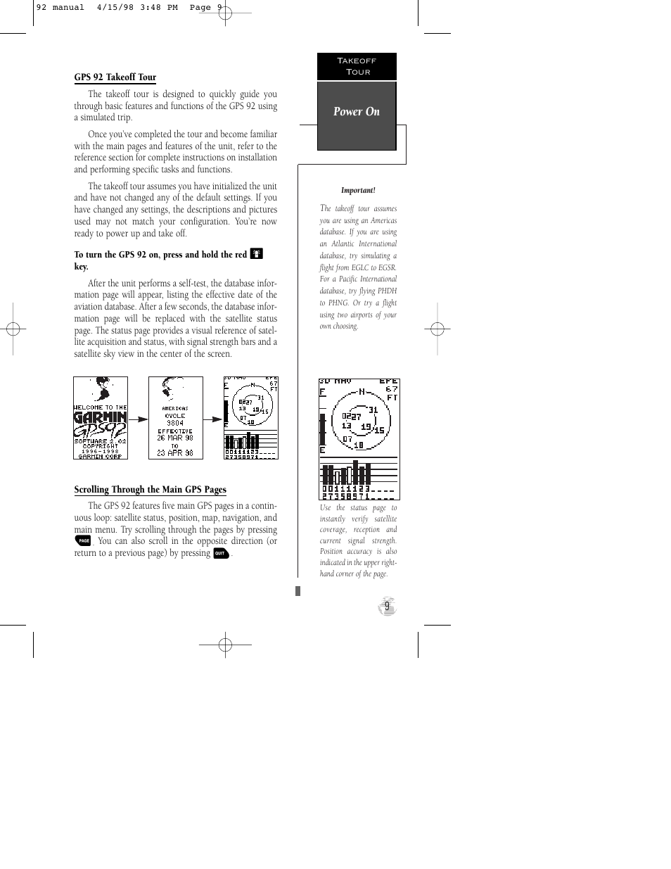 Power on | Garmin GPS 92 User Manual | Page 15 / 84