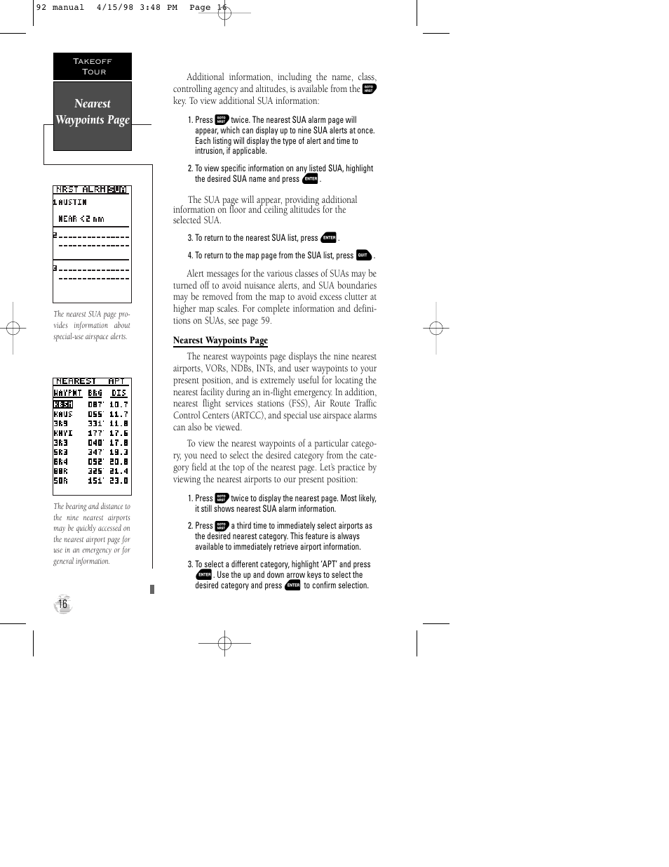 Nearest waypoints page | Garmin GPS 92 User Manual | Page 22 / 84