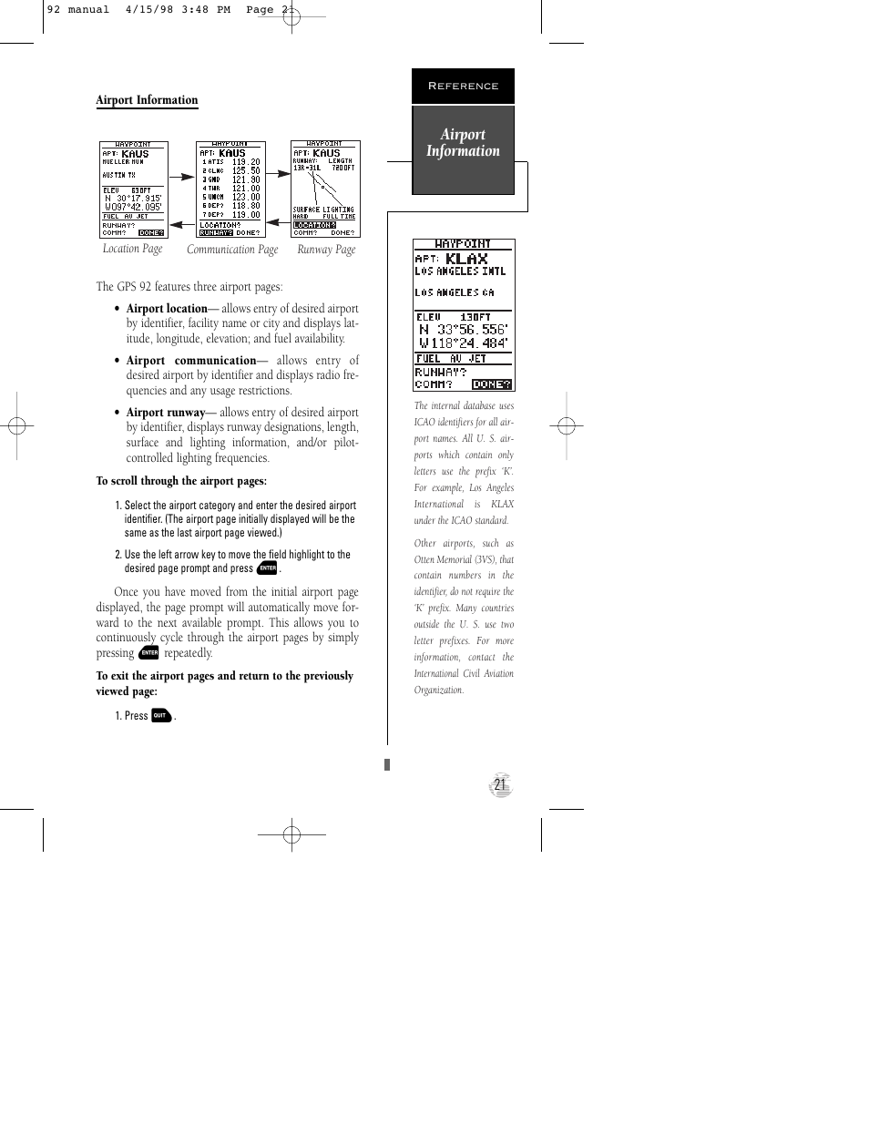 Airport information | Garmin GPS 92 User Manual | Page 27 / 84