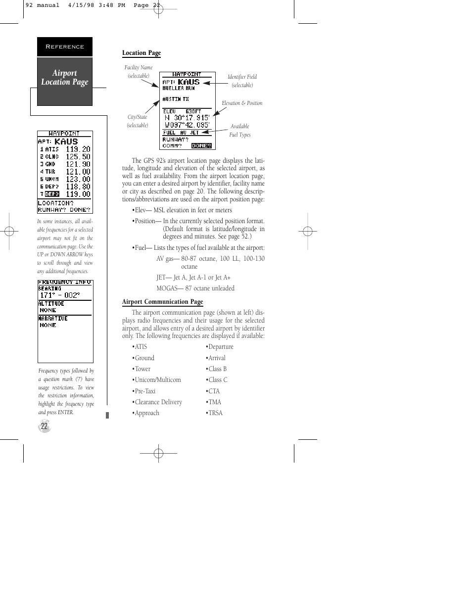 Airport location page | Garmin GPS 92 User Manual | Page 28 / 84