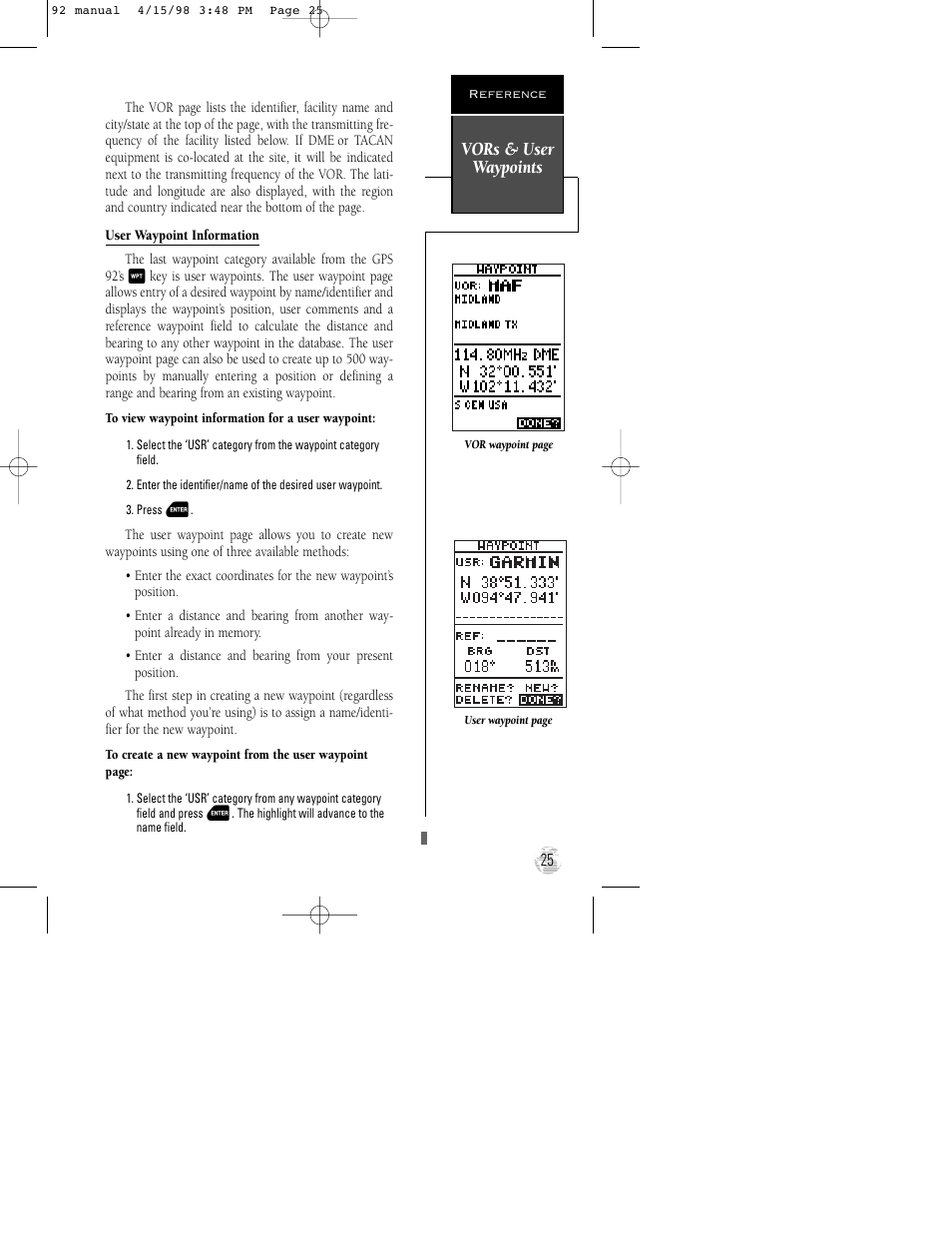 Vors & user waypoints | Garmin GPS 92 User Manual | Page 31 / 84