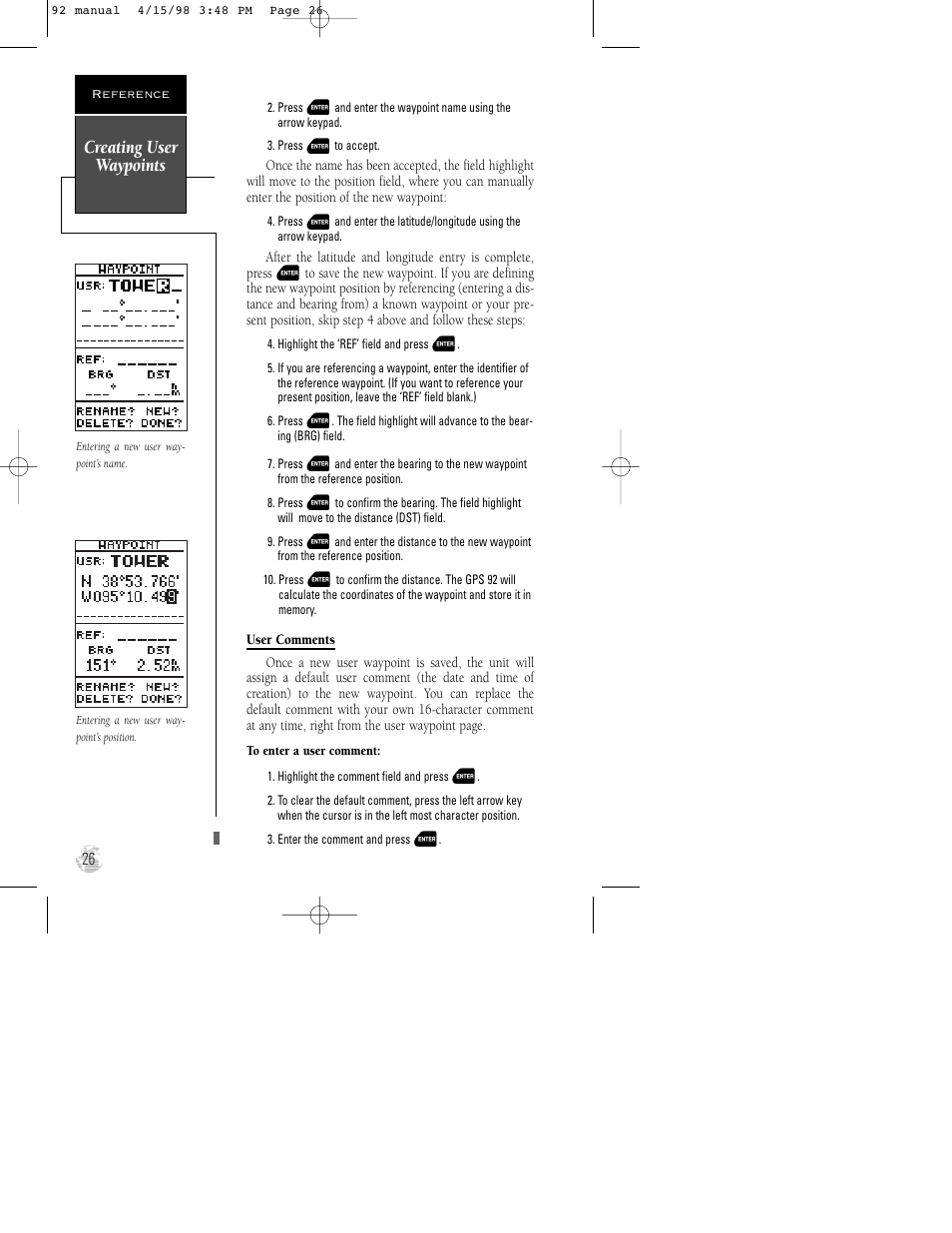 Creating user waypoints | Garmin GPS 92 User Manual | Page 32 / 84