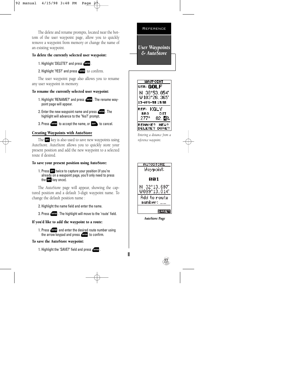 User waypoints & autostore | Garmin GPS 92 User Manual | Page 33 / 84