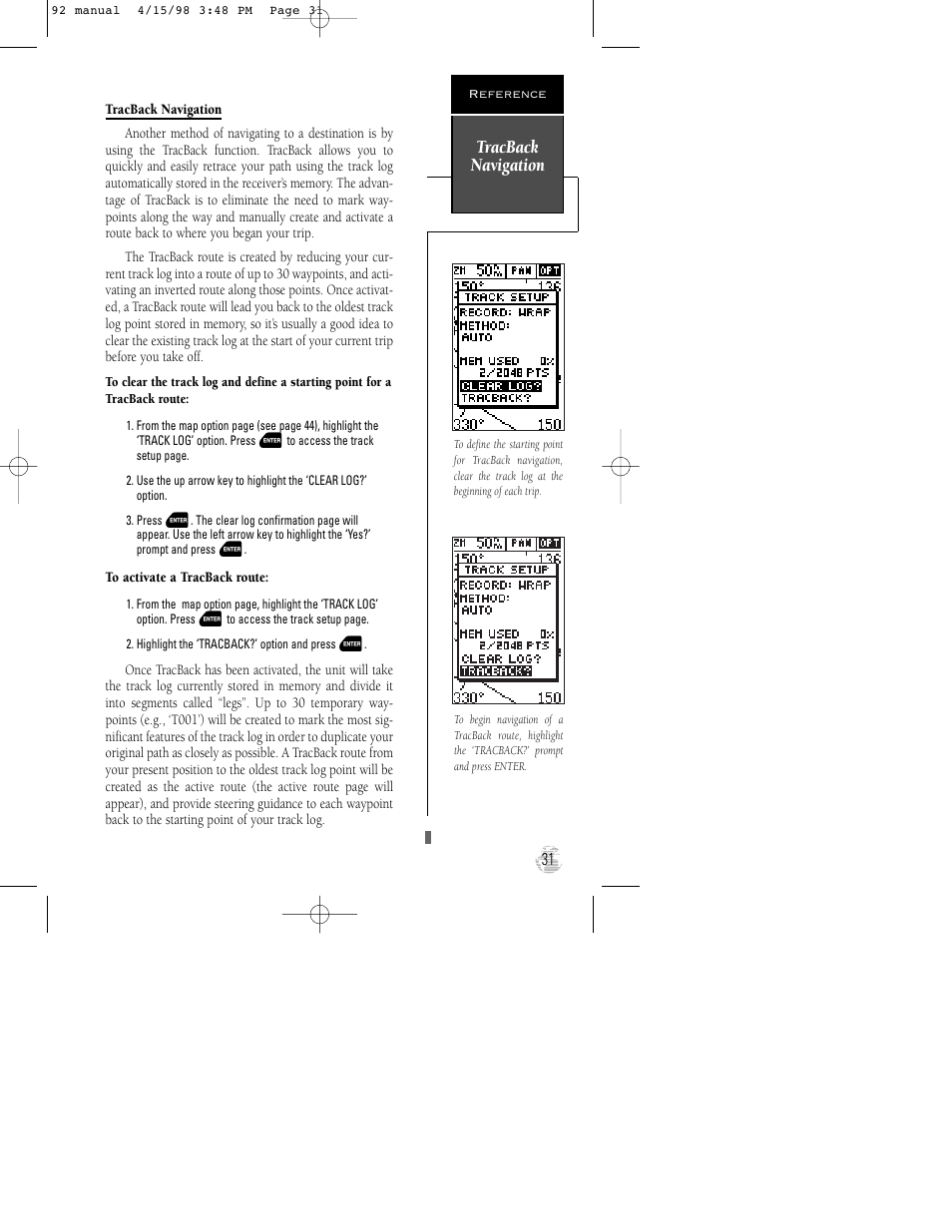 Tracback navigation | Garmin GPS 92 User Manual | Page 37 / 84