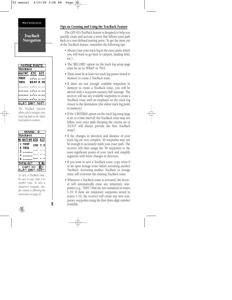 Tracback navigation | Garmin GPS 92 User Manual | Page 38 / 84