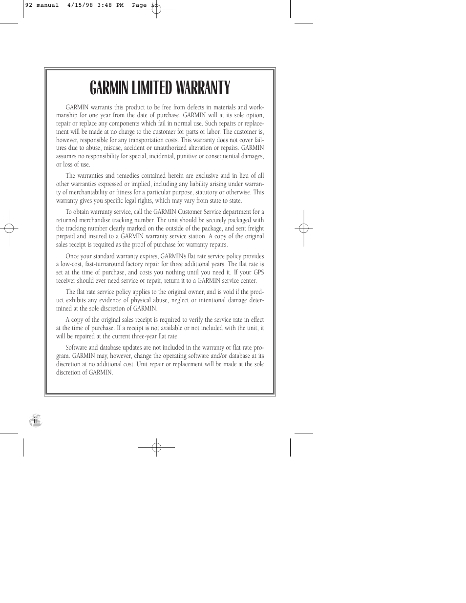 Garmin limited warranty | Garmin GPS 92 User Manual | Page 4 / 84