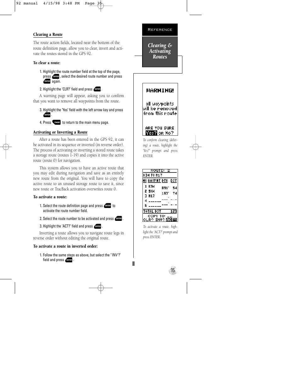 Clearing & activating routes | Garmin GPS 92 User Manual | Page 41 / 84