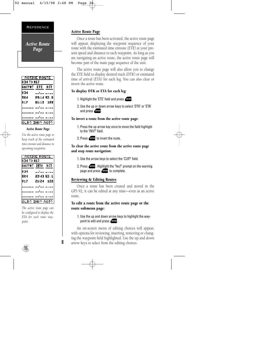 Active route page | Garmin GPS 92 User Manual | Page 42 / 84