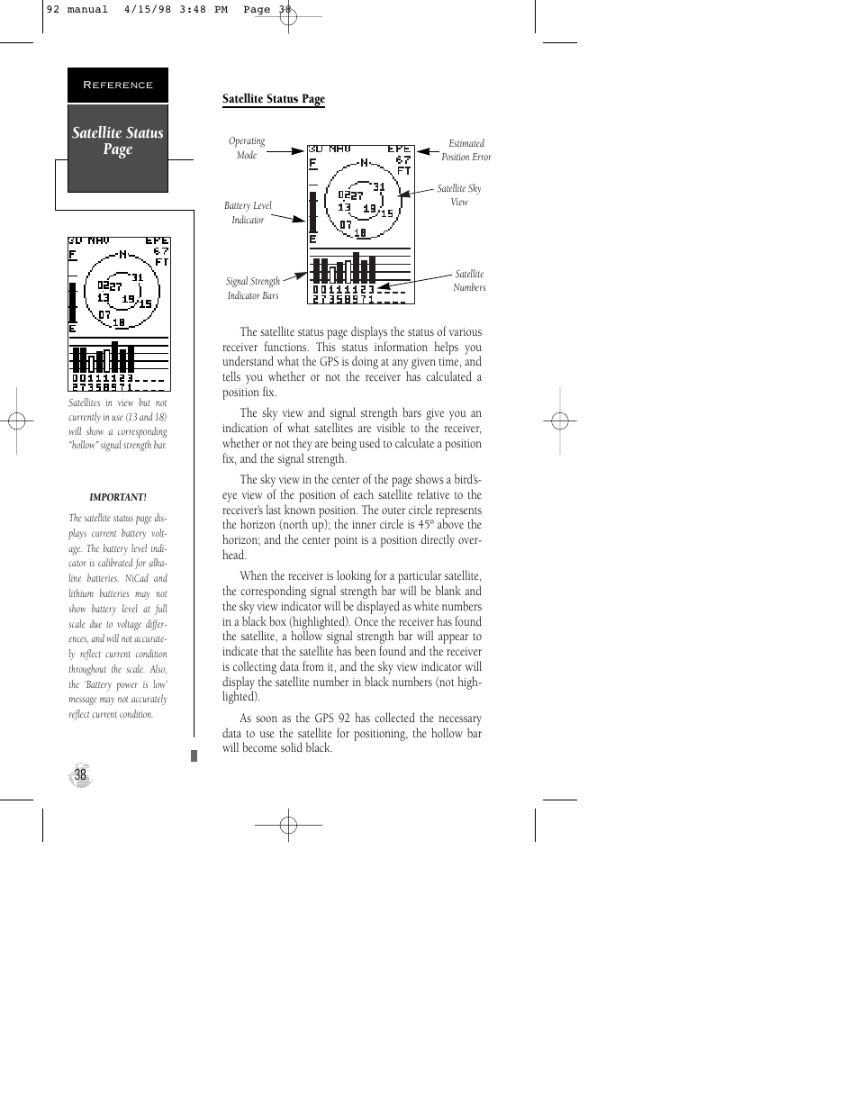 Satellite status page | Garmin GPS 92 User Manual | Page 44 / 84