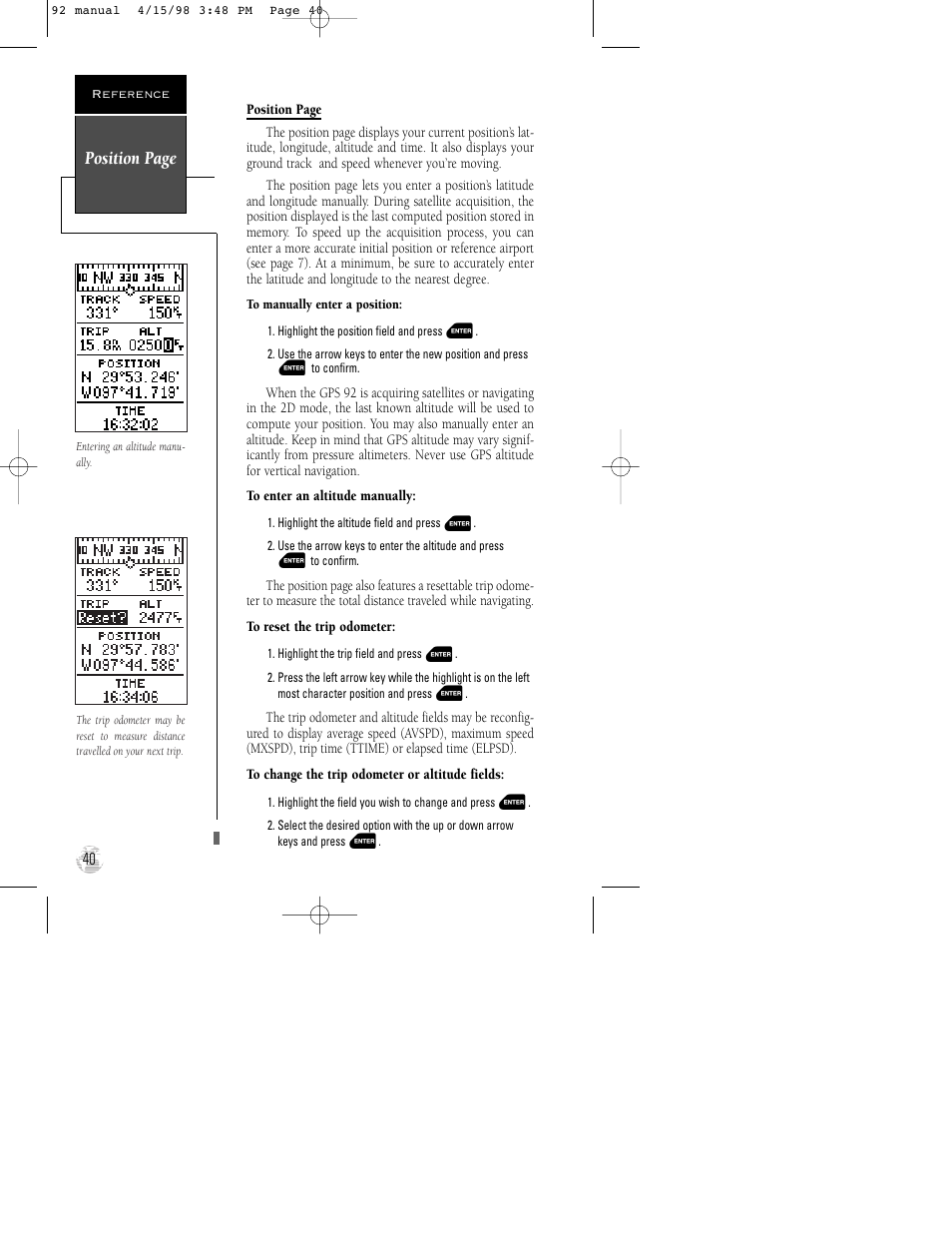 Position page | Garmin GPS 92 User Manual | Page 46 / 84