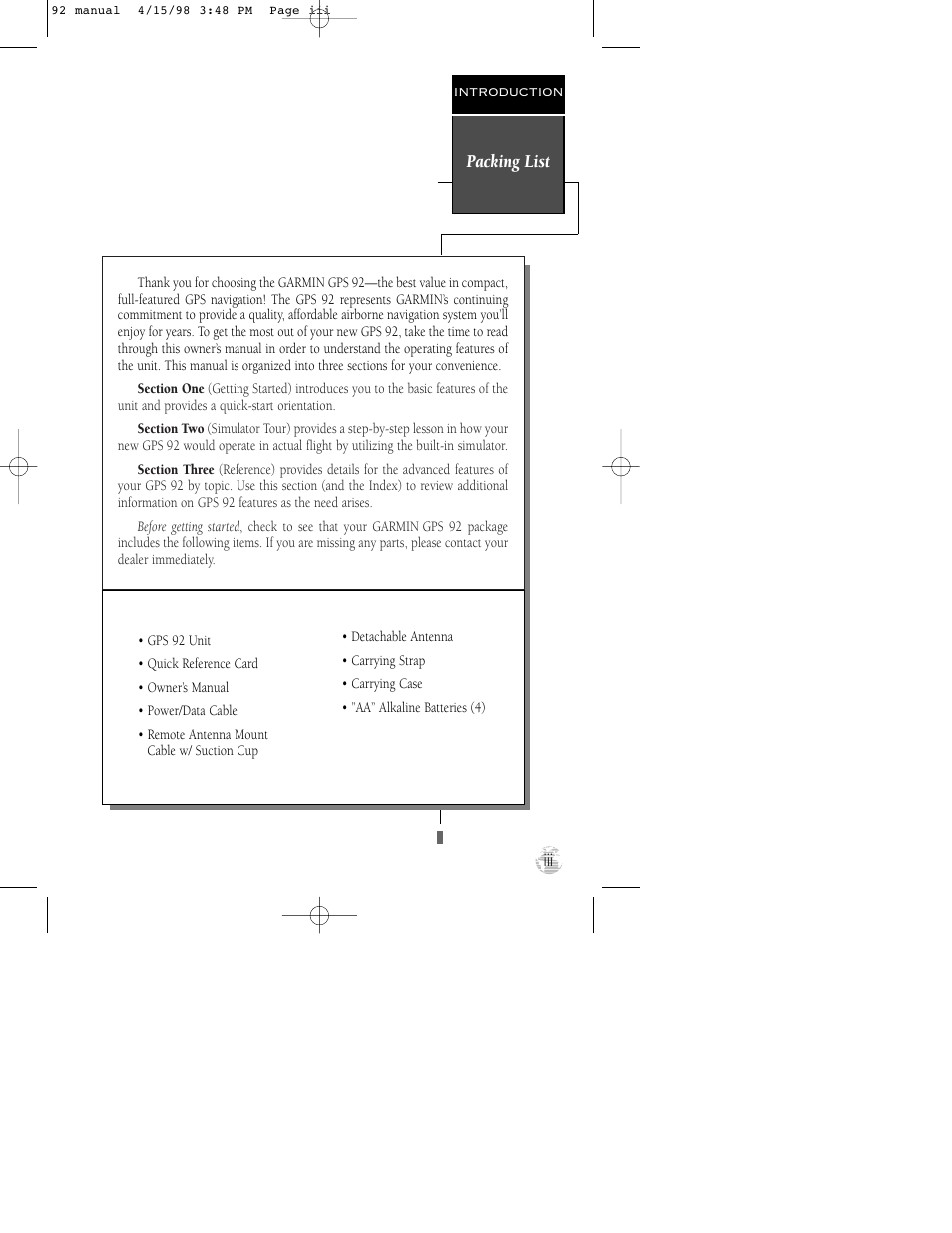 Packing list | Garmin GPS 92 User Manual | Page 5 / 84
