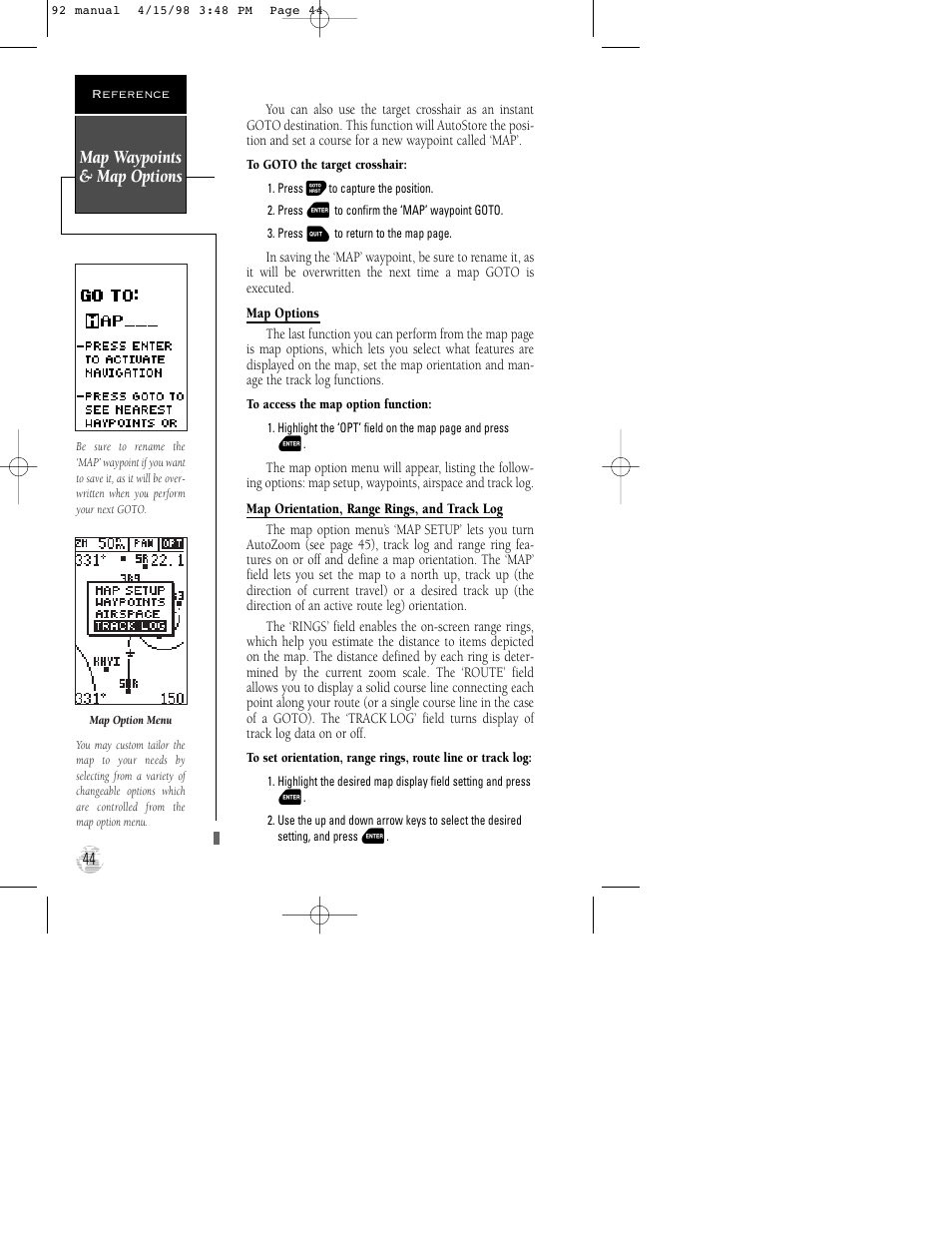 Map waypoints & map options | Garmin GPS 92 User Manual | Page 50 / 84