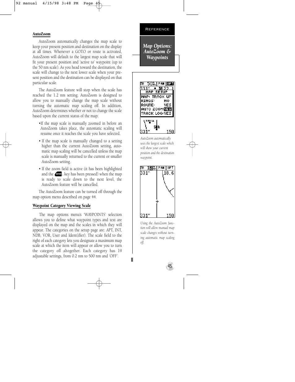 Map options: autozoom & waypoints | Garmin GPS 92 User Manual | Page 51 / 84