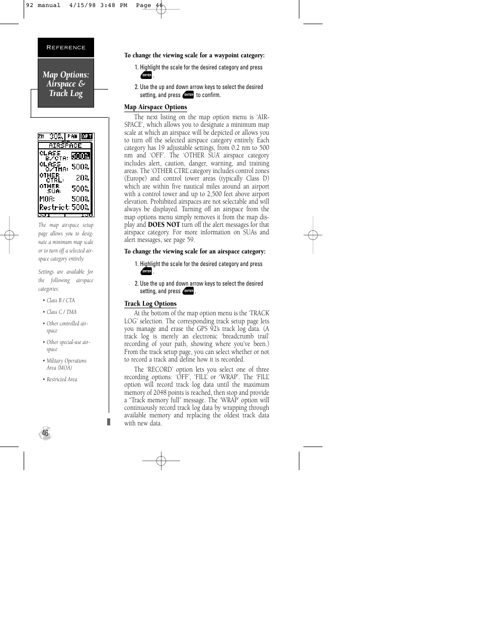 Map options: airspace & track log | Garmin GPS 92 User Manual | Page 52 / 84