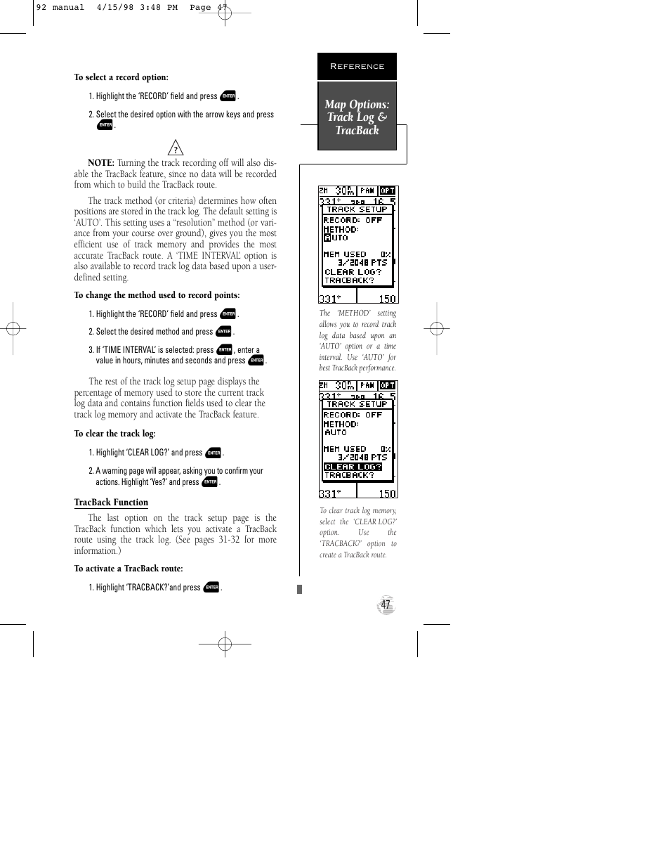Map options: track log & tracback | Garmin GPS 92 User Manual | Page 53 / 84