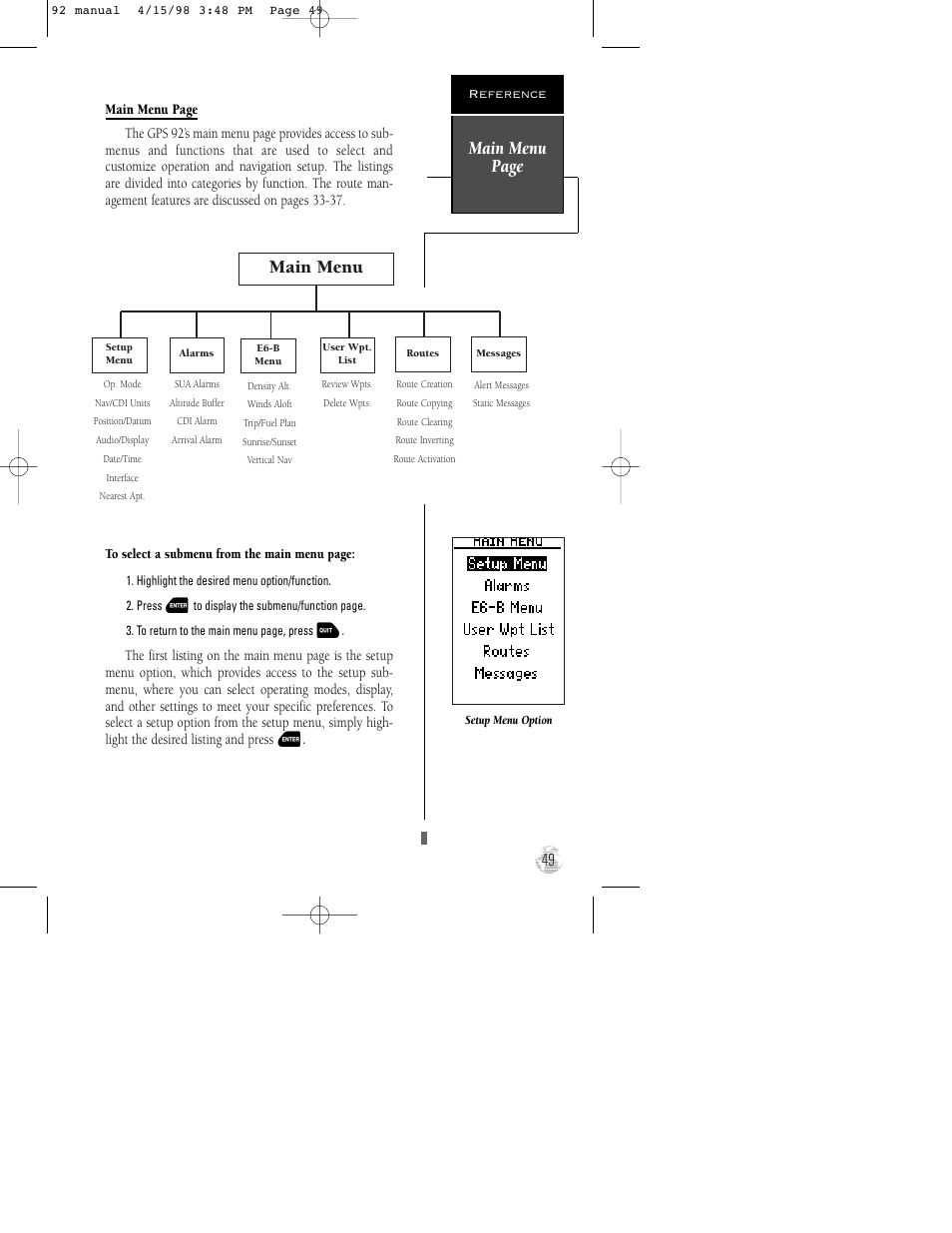 Main menu page, Main menu | Garmin GPS 92 User Manual | Page 55 / 84