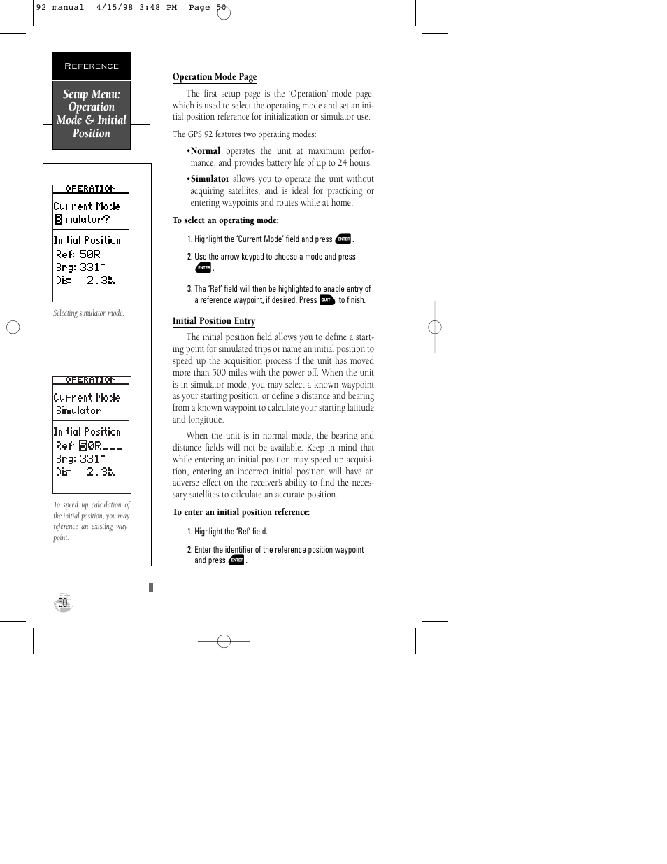 Setup menu: operation mode & initial position | Garmin GPS 92 User Manual | Page 56 / 84