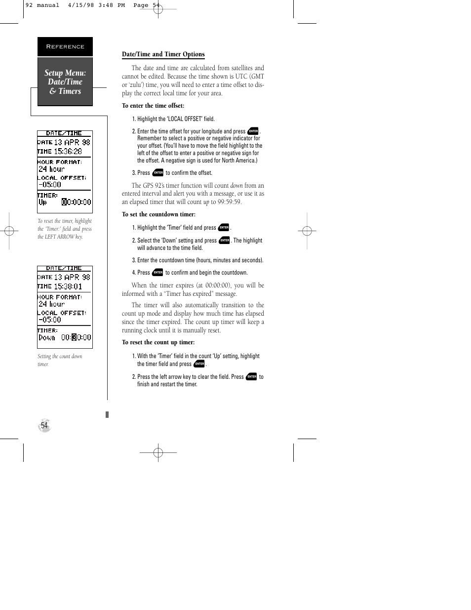 Setup menu: date/time & timers | Garmin GPS 92 User Manual | Page 60 / 84