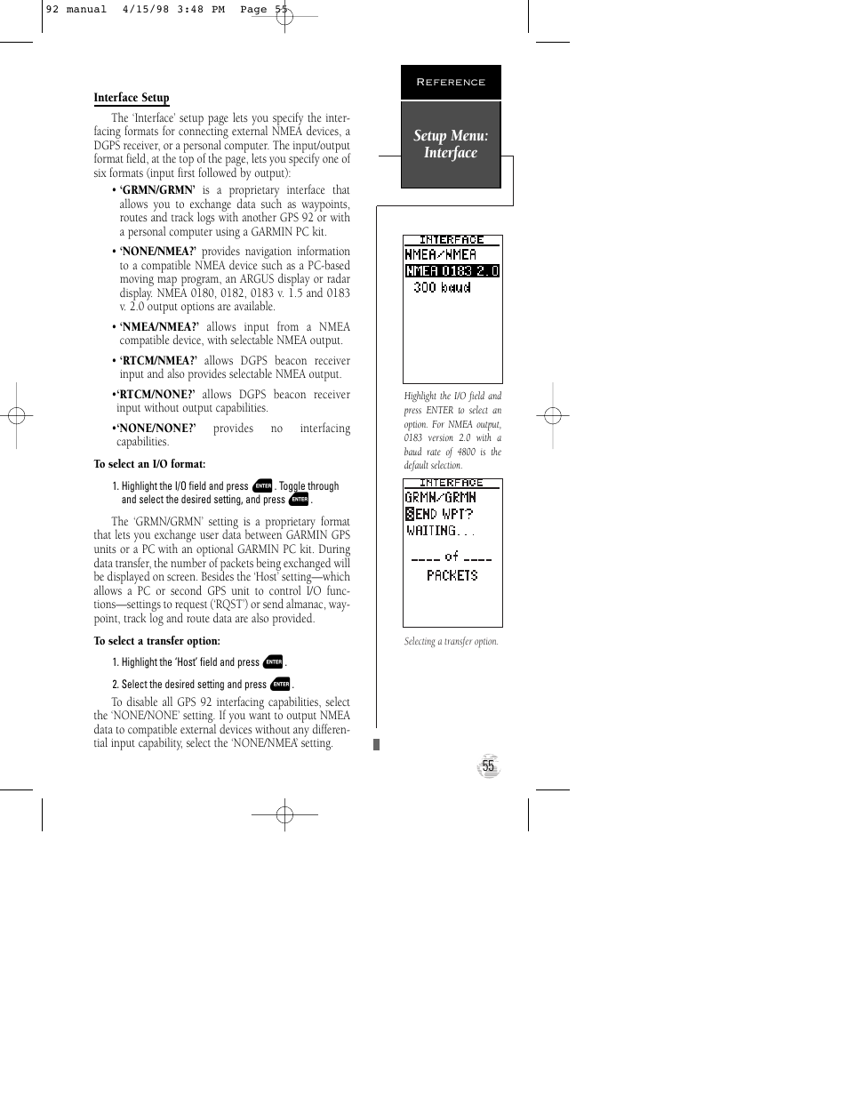 Setup menu: interface | Garmin GPS 92 User Manual | Page 61 / 84