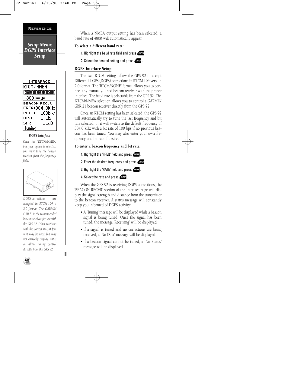 Setup menu: dgps interface setup | Garmin GPS 92 User Manual | Page 62 / 84
