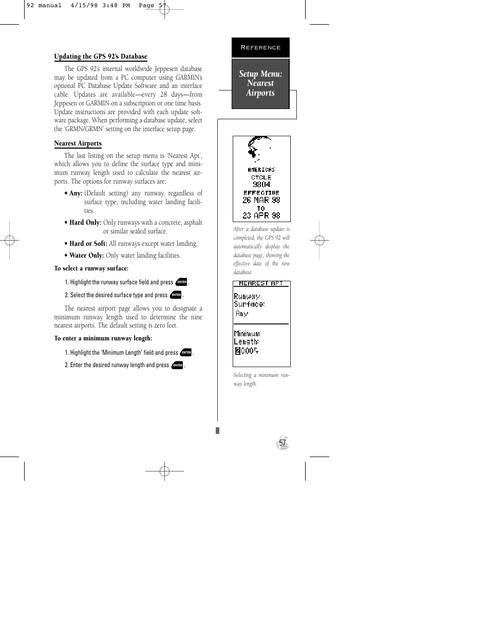 Setup menu: nearest airports | Garmin GPS 92 User Manual | Page 63 / 84