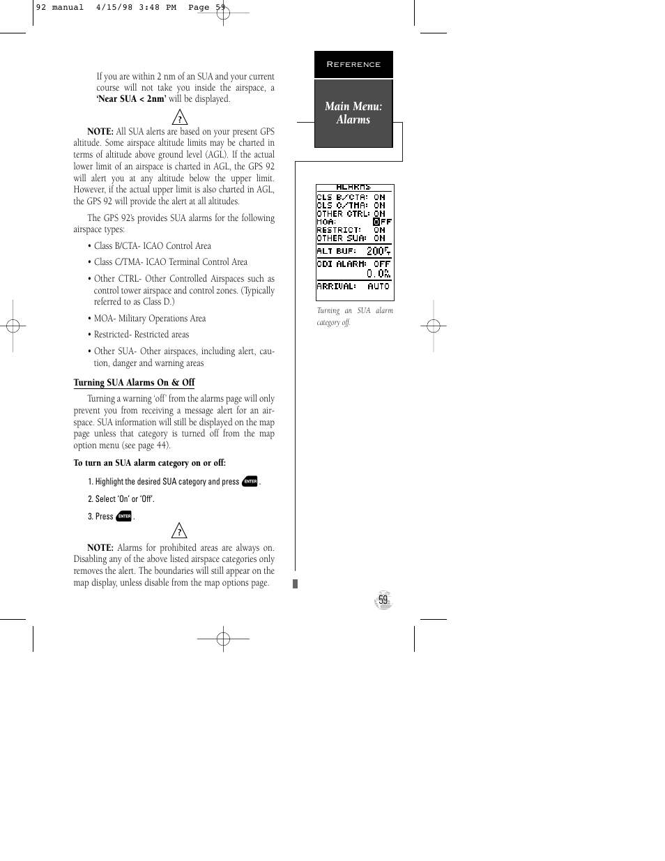 Main menu: alarms | Garmin GPS 92 User Manual | Page 65 / 84