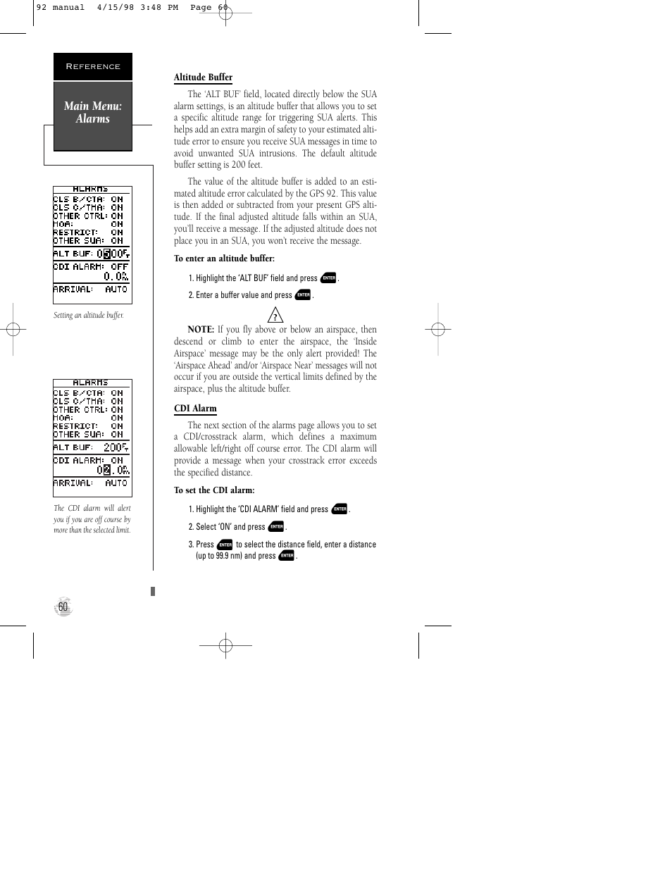 Main menu: alarms | Garmin GPS 92 User Manual | Page 66 / 84