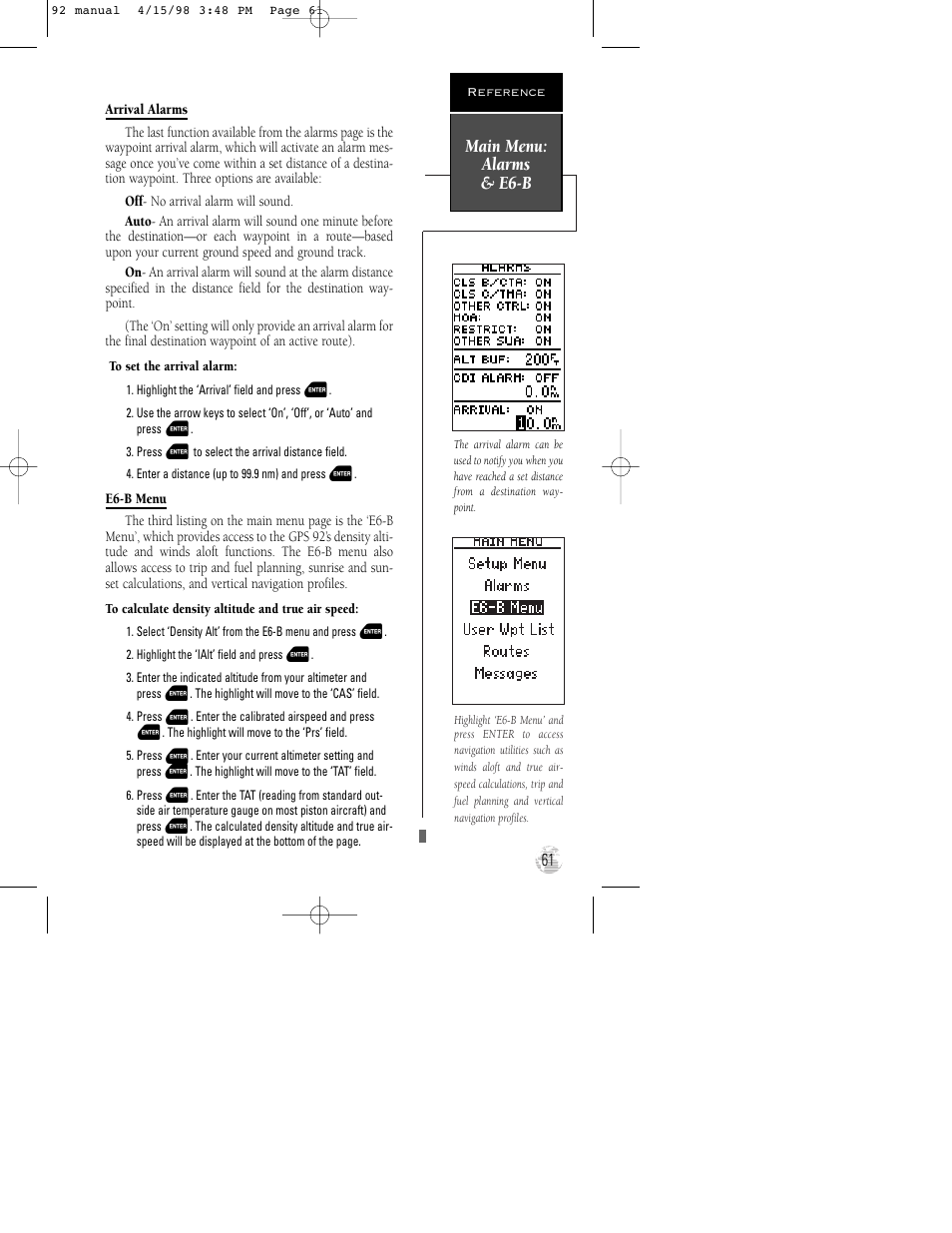 Main menu: alarms & e6-b | Garmin GPS 92 User Manual | Page 67 / 84