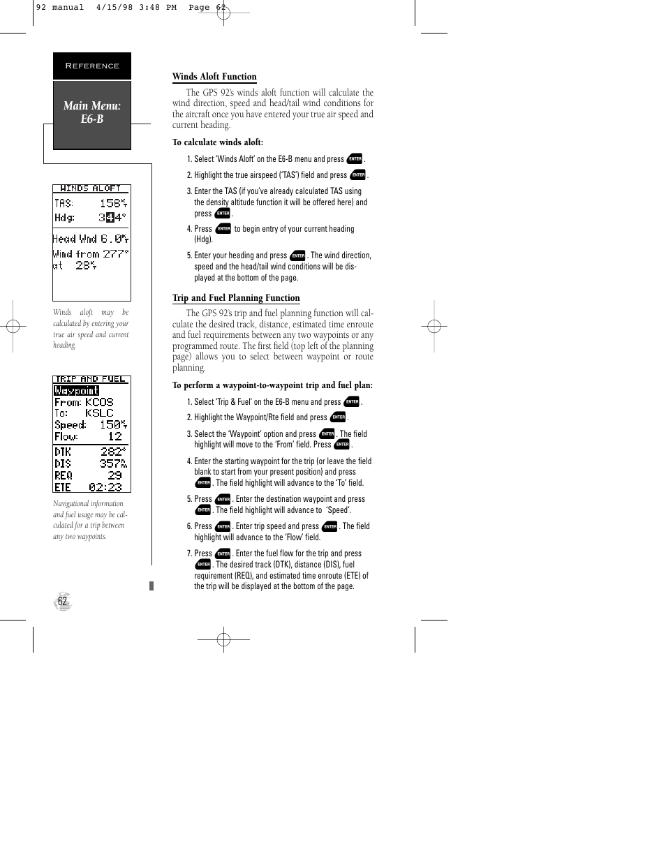 Main menu: e6-b | Garmin GPS 92 User Manual | Page 68 / 84