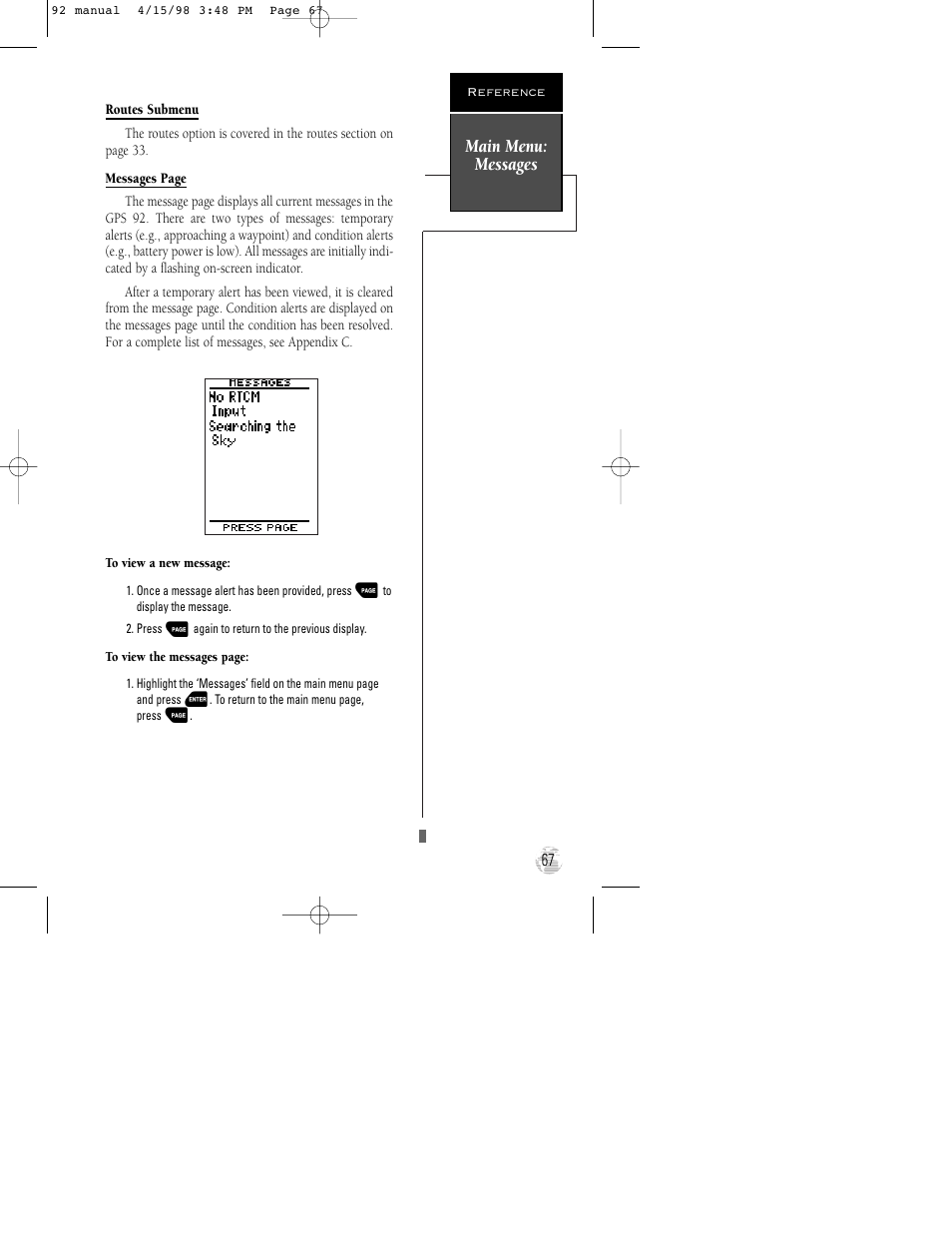 Main menu: messages | Garmin GPS 92 User Manual | Page 73 / 84